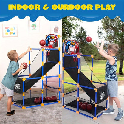 Kids Adjustable Basketball Hoop Set Arcade-Style Stand 4 Balls Air Pump 55 Inch Height Indoor Outdoor Sport Play Birthday Christmas Gift Boys Girls Ages 3+ Multicolor Red Blue