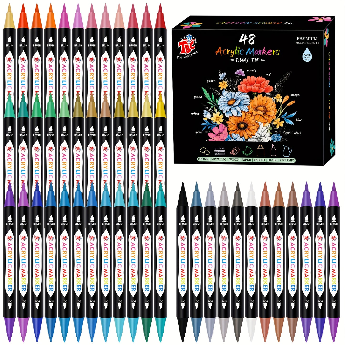 TBC The Best Crafts Dual Tip Acrylic Paint Markers, Non-Toxic, Odorless, Suitable for Paper, Pottery, Stones, Backpacks, Glass