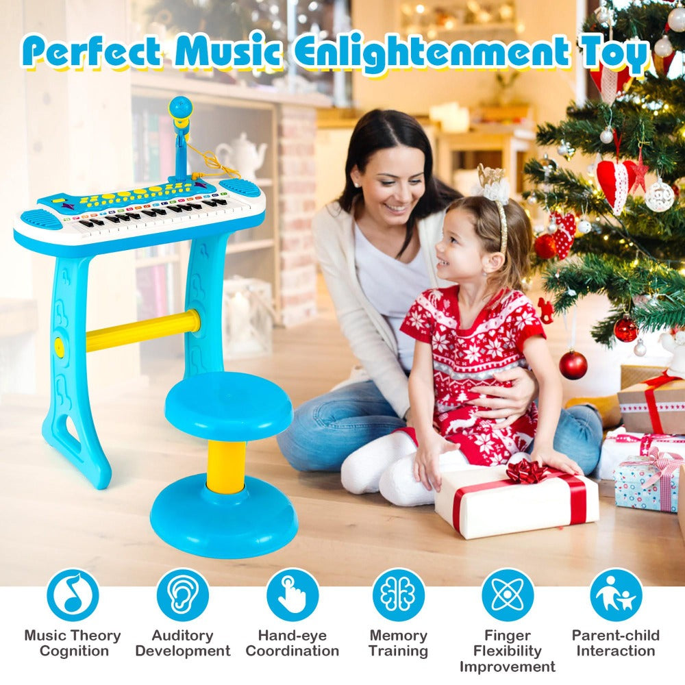 COSTWAY 31-Key Piano Toy, Portable Musical Instrument W/ Multiple Sounds And Light Effect, Adjustable Microphone And Stool, Cute Toy Keyboard for Boys And Girls, Gift for 3+, Blue