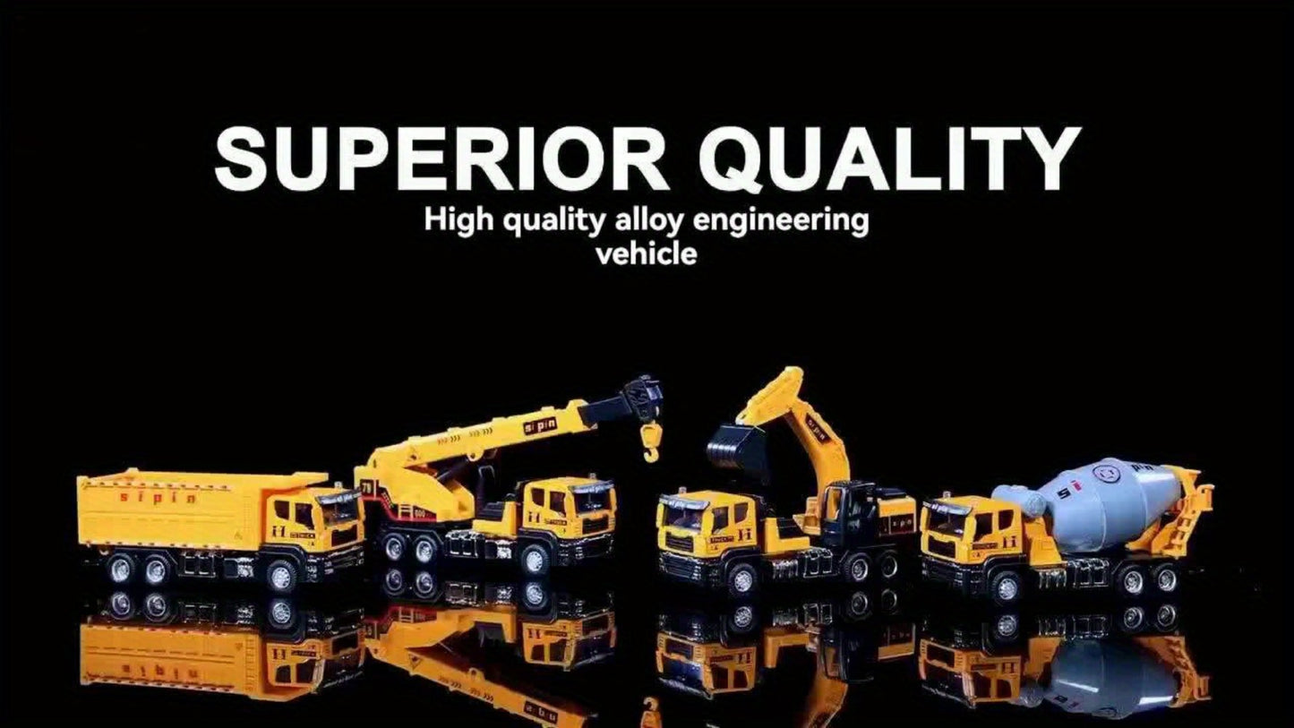 Die-Cast Construction Vehicle Toy Set – Mini Alloy Excavator, Dump Truck, Cement Mixer & Crane Trucks for Toddlers Boys Ages 3+, No Battery Needed, Birthday Christmas Gift