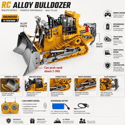 9-channel Remote Control Bulldozer, 2.4GHz RC Multifunctional Engineering Vehicle Toy, Preferred For Outdoor And Indoor Interactive Play With Alloy Metal Cover, Lightweight, Halloween, Thanksgiving, Christmas, Birthday, New Year Gifts