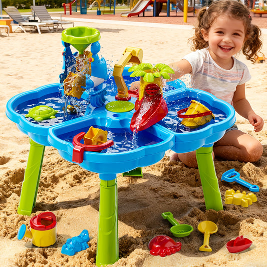 BABY HOME 4-in-1 Sand Water Table, Sandbox Table with Beach Sand Water Toy(Sand Not Included), Activity Sensory Play Table Summer Holiday Outdoor Toys for Aged 708.66inch+ [Accessories Color Random]