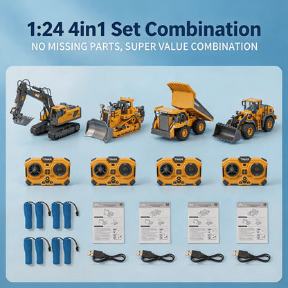 [Remote Control Toy Car] 4pcs/ 3pcs/ 2pcs Remote Control Engineering Vehicle Set, 2.4G 1:24 & 1:64 High-Tech 11-Channel RC Excavator, Dump Truck & Bulldozer Alloy Plastic Construction Toy Car Kit