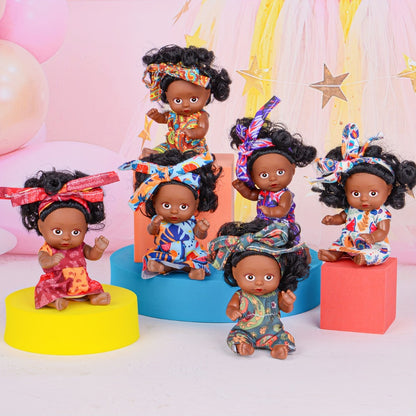 Mini Black Baby Doll Set 6 Pcs 4.5 Inch Curly Hair Rotatable Poseable – Flower Pajamas Gift Box, Cute Diverse Newborn Dolls for Kids, Birthday Christmas Holiday Gift for Girls Ages 3+ (Random Patterns)
