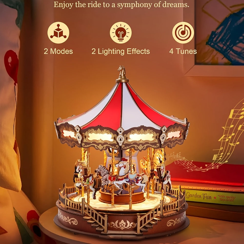Rolife Carousel Music Box Kit – DIY 3D Wooden Puzzle Architectural Craft Model, Spinning Carousel with Music, Hobby Home Decor, Valentine's Day Birthday Christmas Anniversary Gift for Adults Teens