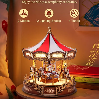Rolife Carousel Music Box Kit – DIY 3D Wooden Puzzle Architectural Craft Model, Spinning Carousel with Music, Hobby Home Decor, Valentine's Day Birthday Christmas Anniversary Gift for Adults Teens