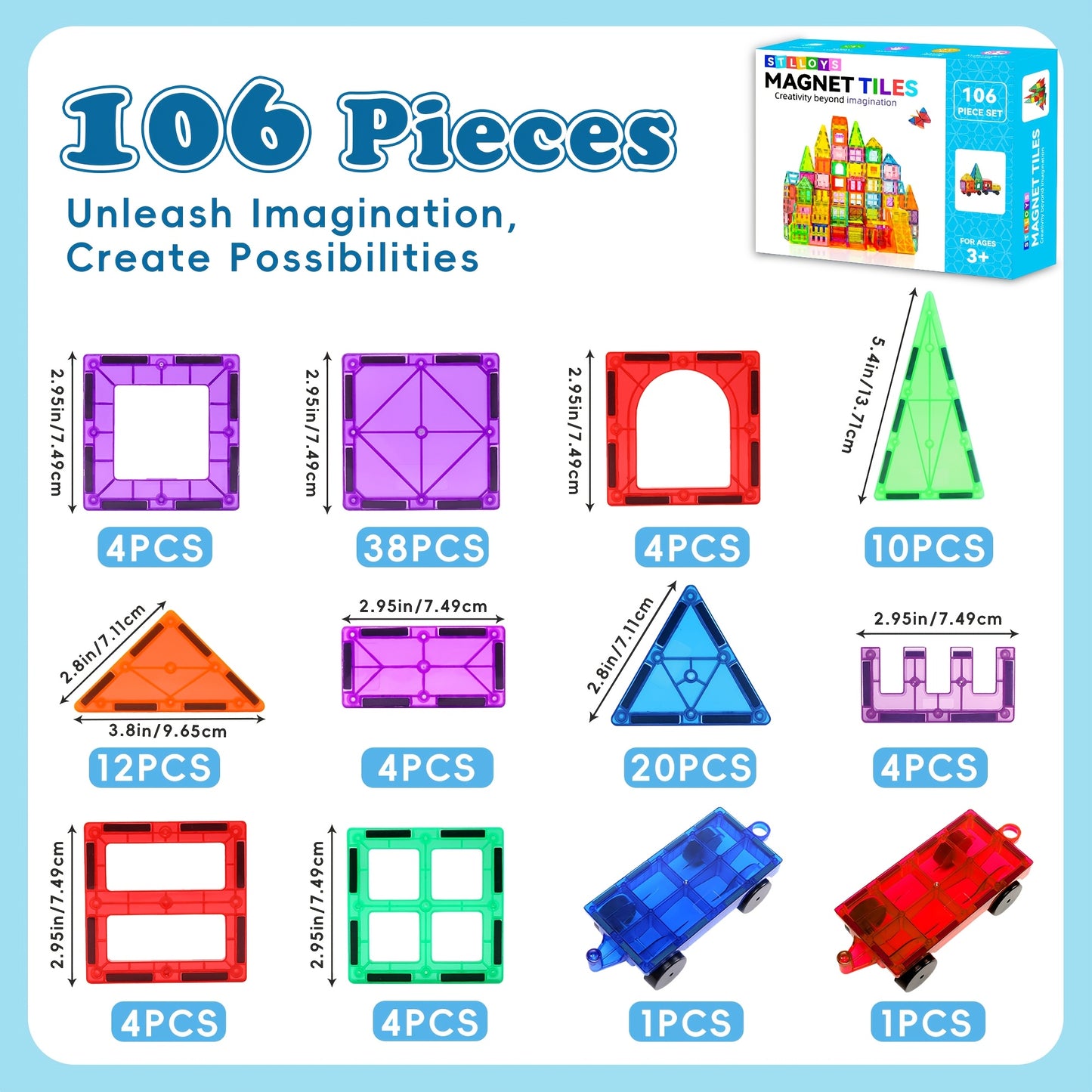 Magnetic Tiles 106pcs, 136pcs With 2 Cars, STEM Approved Educational Magnet Building Toys, Magnet Puzzles Stacking Blocks For Boys Girls, Best Birthday Christmas Gift For 3+ Years Old