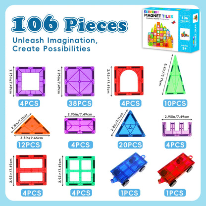 Magnetic Tiles 106pcs, 136pcs With 2 Cars, STEM Approved Educational Magnet Building Toys, Magnet Puzzles Stacking Blocks For Boys Girls, Best Birthday Christmas Gift For 3+ Years Old
