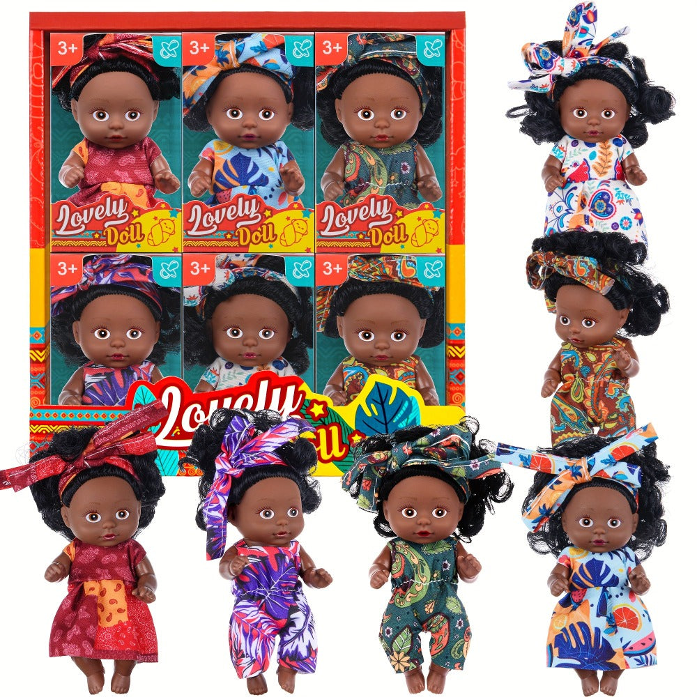 Mini Black Baby Doll Set 6 Pcs 4.5 Inch Curly Hair Rotatable Poseable – Flower Pajamas Gift Box, Cute Diverse Newborn Dolls for Kids, Birthday Christmas Holiday Gift for Girls Ages 3+ (Random Patterns)