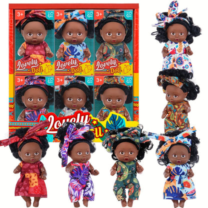 Mini Black Baby Doll Set 6 Pcs 4.5 Inch Curly Hair Rotatable Poseable – Flower Pajamas Gift Box, Cute Diverse Newborn Dolls for Kids, Birthday Christmas Holiday Gift for Girls Ages 3+ (Random Patterns)
