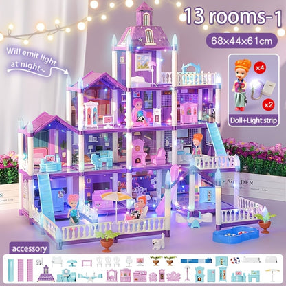LED Dollhouse Playset for Girls – Purple Multi-Room Playhouse with Doll Figures, Puppies, Furniture & LED Lighting, 6 to 16 Room Options, Creative Imaginative Gift for Girls Ages 3-10 Birthday Christmas