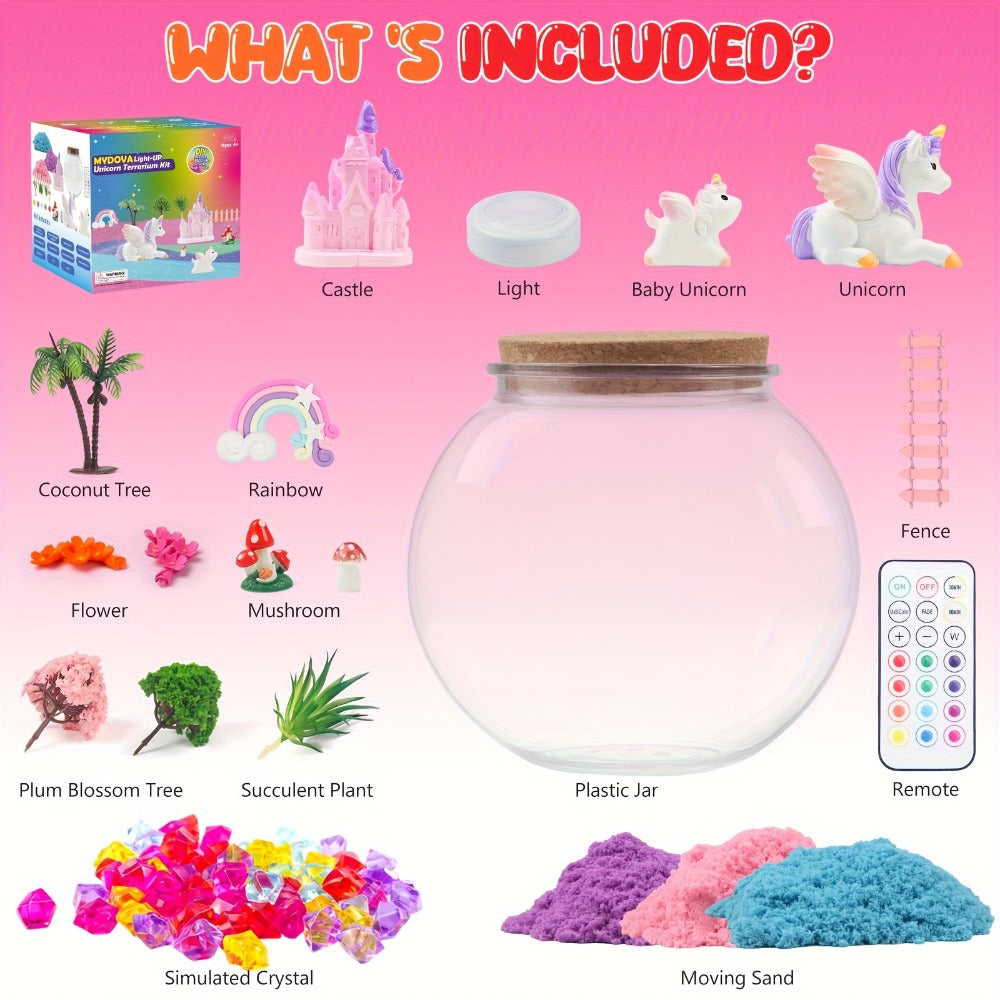 Unicorn Terrarium Craft Kit for Girls — DIY Magic Garden with 13-Color LED Night Light & Remote Control, Arts & Crafts Toy for Kids Ages 6+, Birthday Christmas Gift, STEM Sensory Activity