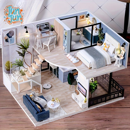 Wooden 3D Three-Dimensional Assembly Double Story Cottage Puzzle, Handmade Apartment Building Scene Model House with Furniture, Suitable for Birthday Gifts for Men And Women Holiday Gifts, No Glue/Batteries Required
