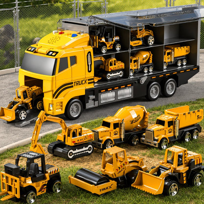 13-in-1 Construction Truck Vehicle Toy Set with Die-Cast Cars & Play Mat – Transport Carrier Truck Playset for Toddlers Kids Ages 3+, STEM Learning, Christmas & Birthday Gift