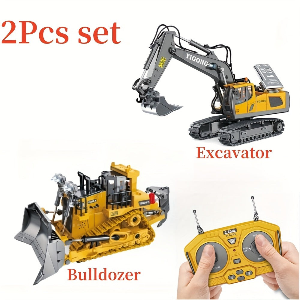 RC Construction Vehicle Set 2-4 Piece – 2.4G 12-Channel Remote Control Excavator, Dump Truck, Bulldozer & Loader, Alloy & Plastic RC Construction Equipment for Kids, Birthday Christmas Gift
