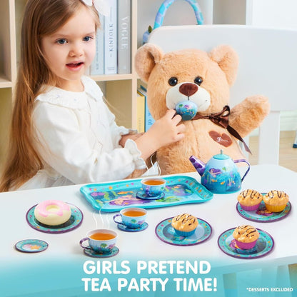 Mermaid Tea Party Set for Little Girls, Pretend Tin Teapot Toy with Cups, Plates Carrying Case, Princess Tea Time Play Kitchen Kit, Perfect Christmas&Birthday Gifts for Kids Age 3+