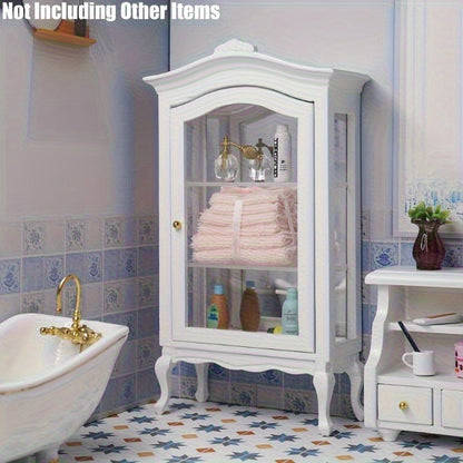 Scale White Artificial Wooden Mini Display Cabinet Model, with Mirror And 3 Glass Front Shelves - Suitable for Dollhouse Decoration, Photography Props, Weddings, And Living Room Scenes, Making It an Excellent Gift