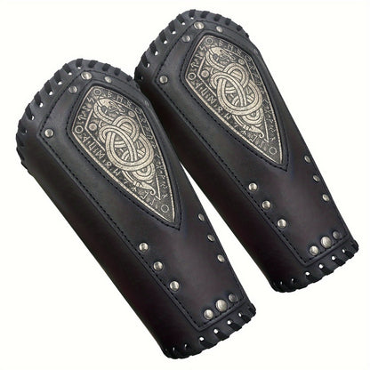 Viking Snake Wrist Guards 2-Pack Medieval Norse Leather Bracers, Nordic Retro Cosplay Props for Halloween LARP Renaissance Faire Costume Accessory, Black & Coffee
