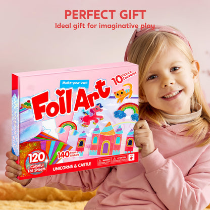 Foil Art Kit for Kids, Arts & Crafts Supplies, 10 Unique Designs&120 Colorful Foil Sheets, Mess Free Coloring, Foil Foam Stickers, Creative Travel Toys, Christmas Birthday Gifts for Boys And Girls