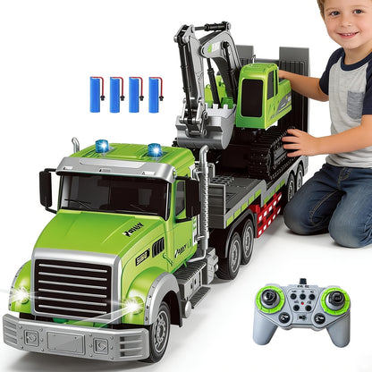 [Easter Gift] 11CH Construction Vehicle Set 1:12 Scale RC Semi Truck with Flatbed Trailer & Alloy Excavator, Sound & Lights Engineering Toy, Great Easter Gift Idea for Boys Children's