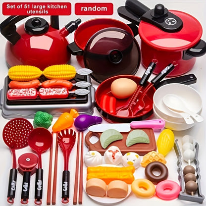 Pretend Play Kitchen Set for Kids – 51PCS Toy Cooking Utensils, Tableware & Play Food, Simulation Kitchen Playset for Toddlers Boys & Girls, Birthday Christmas Halloween Gift