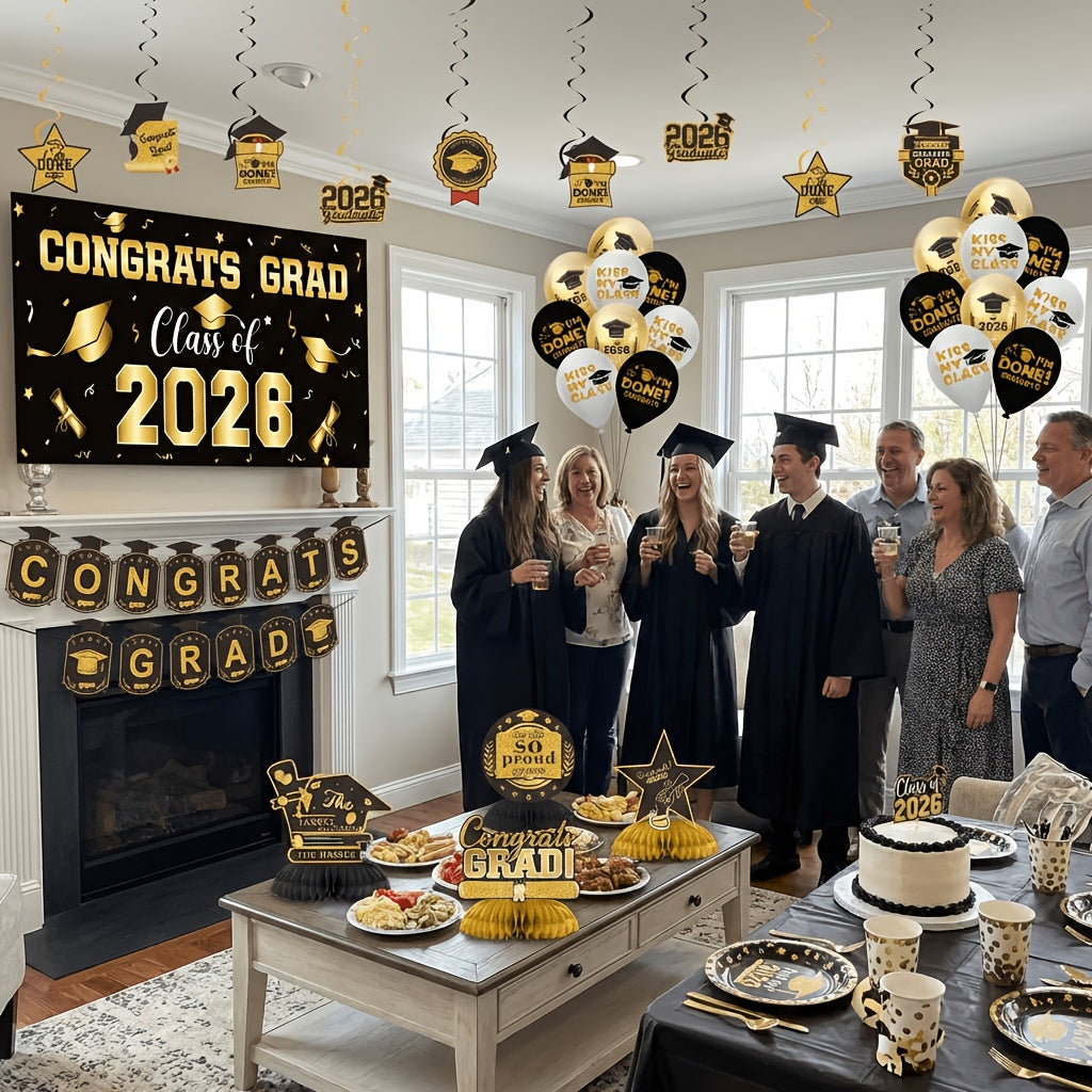 Graduation Decorations Class Of 2026, Golden Themed Graduation Decorations Set, Class Of 2026 Backdrop Banner, Graduation Hanging Swirl, Balloons And Honeycomb Supplies For Graduation Party