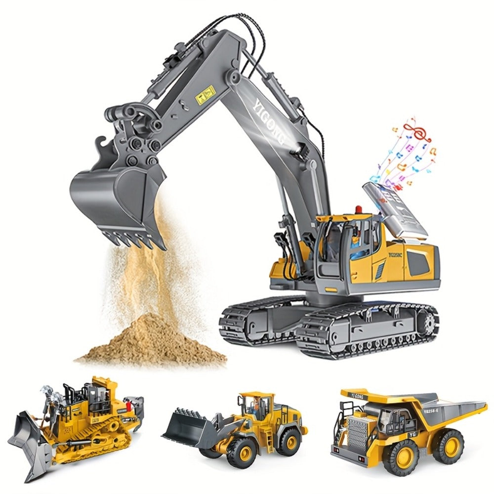 RC Construction Vehicle Set 2-4 Piece – 2.4G 12-Channel Remote Control Excavator, Dump Truck, Bulldozer & Loader, Alloy & Plastic RC Construction Equipment for Kids, Birthday Christmas Gift
