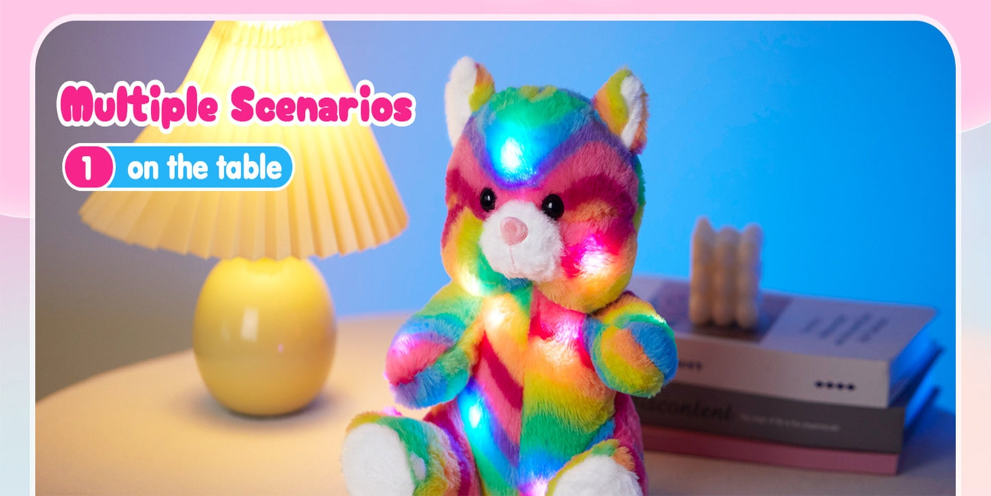 Rainbow Cat Plush Toy Glow in the Dark Musical Stuffed Animal Soft Kawaii Glowing Kitty Night Companion Doll Birthday Mother's Day Gift for Kids Girls Cat Lovers Room Decor