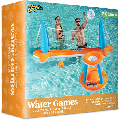 SYNCFUN Inflatable Pool Float Set Volleyball Net & Basketball Hoops, Floating Swimming Party Games & Activities Toy for Kids And Adults, Summer Floaties, Volleyball Court Basketball, L-Orange