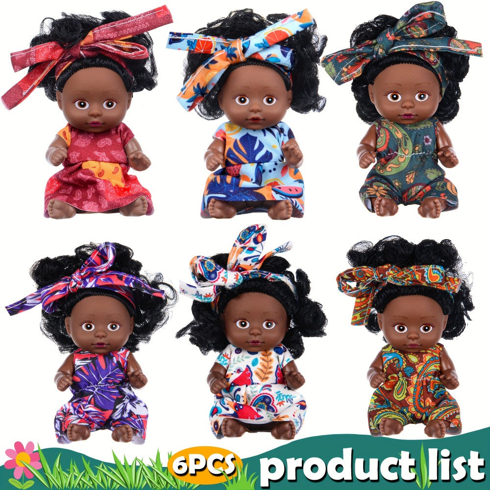 Mini Black Baby Doll Set 6 Pcs 4.5 Inch Curly Hair Rotatable Poseable – Flower Pajamas Gift Box, Cute Diverse Newborn Dolls for Kids, Birthday Christmas Holiday Gift for Girls Ages 3+ (Random Patterns)