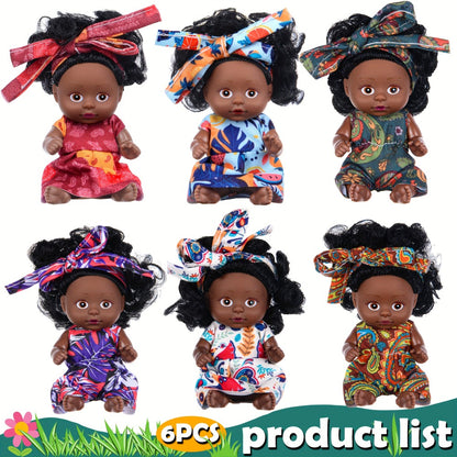 Mini Black Baby Doll Set 6 Pcs 4.5 Inch Curly Hair Rotatable Poseable – Flower Pajamas Gift Box, Cute Diverse Newborn Dolls for Kids, Birthday Christmas Holiday Gift for Girls Ages 3+ (Random Patterns)