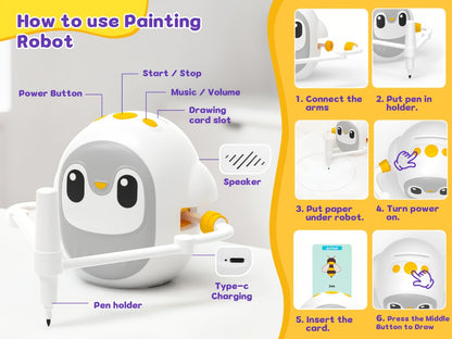 Drawing Robot for Kids with 200 Learning Cards & 12 Color Pens | Interactive Educational Toy, Tablet-Free Drawing Game, Step-by-Step Lessons, Suitable for Boys & Girls Ages 3+, ABS Material, USB Charging