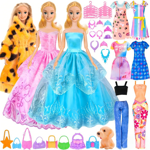 Fashion Girl Doll 11.5 Inch with Clothes Accessories Set – Includes Doll Fur Coat Princess Gowns Fashion Dresses Shoes Crowns Necklaces Pet Dog Creative Gift for Girls Ages 4-12 Birthday Christmas