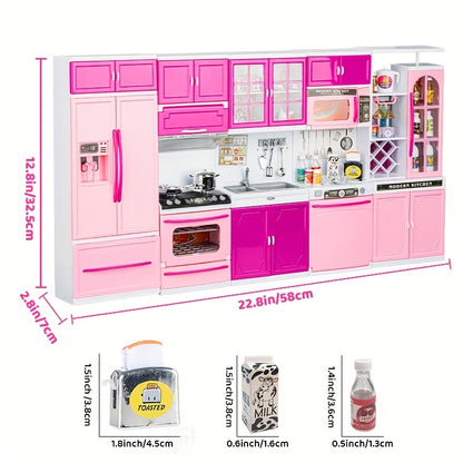 64pcs Pink Kitchen Toys with Realistic Lights & Sounds, Mini Furniture Pretend Playset for Kids, Doll Kitchen House Toy