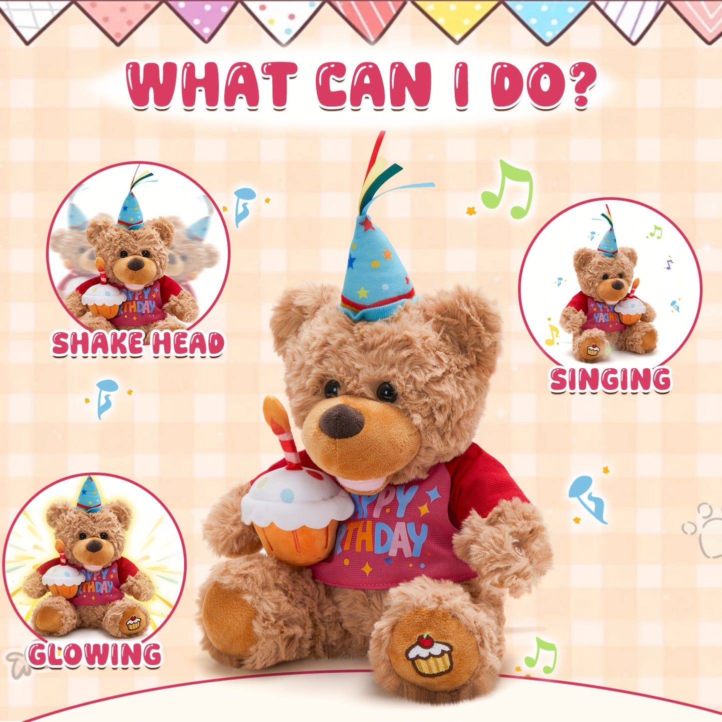 13.5-Inch Birthday Teddy Bear Interactive Plush Toy (Without Batteries), Electric Singing Music Plush with Cupcake, Glowing Candle Teddy Bear Gift for Kids Girls Boys Birthday Holiday Baby Shower, Perfect Present for Children, Super Soft
