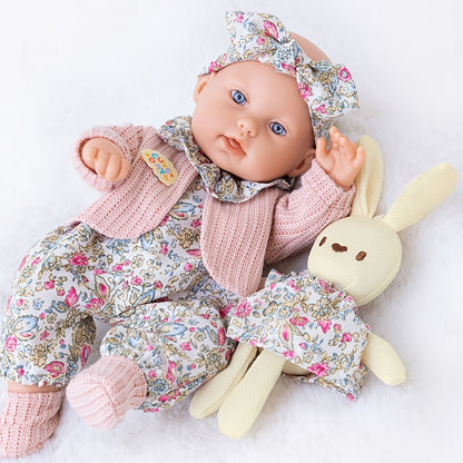 12 Inch Realistic Vinyl Doll Set, Including 1 Doll, 1 Set Of Floral Clothes, 1 Headscarf, 1 Pair Of Socks, 1 Toy Rabbit, And 1 Rabbit Skirt, Children's Toys, Suitable for Dress Up Games, Birthday Gifts, Game Gifts, Holiday Gifts, Realistic Reborn