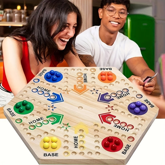 Large Original Pinball Game Set - Double-Sided Wooden Board with 6 Colored Balls, 24 Pinballs And 6 Dice - Fast Track for 6 And 4 Players - Ideal for Family Game Nights with Friends