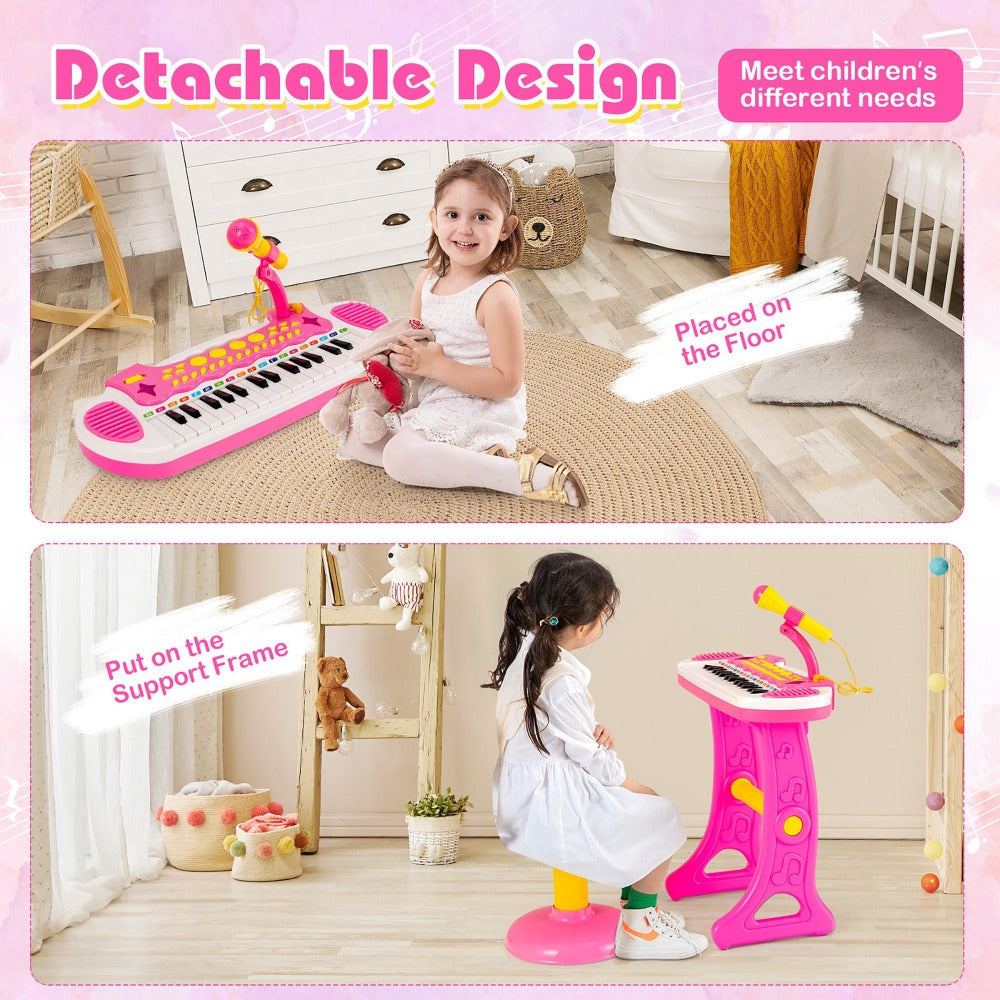 COSTWAY 31-Key Piano Keyboard Toy with Stool, Portable Electronic Music Instrument, Adjustable Microphone, Recording And Playback Features, Light Effects, Educational Gift for Kids Aged 3 And Up