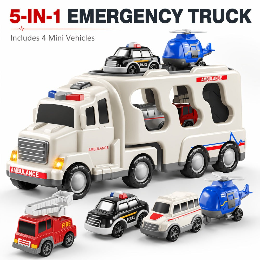 Ambulance Carrier Truck Toy 5-in-1 with Light and Sound for Kids 3-8, Friction Powered Rescue Vehicle Set with Fire Truck Police Car Helicopter Mini Cars, Birthday Christmas Gift for Boys Girls