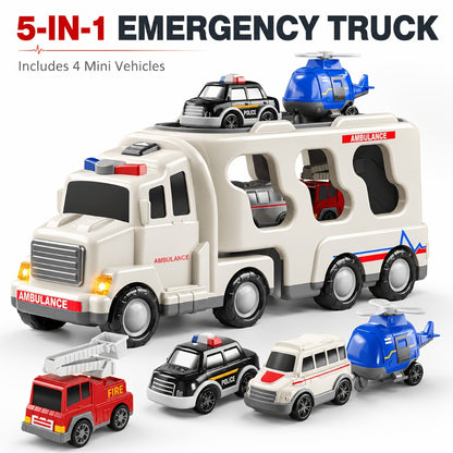 Ambulance Carrier Truck Toy 5-in-1 with Light and Sound for Kids 3-8, Friction Powered Rescue Vehicle Set with Fire Truck Police Car Helicopter Mini Cars, Birthday Christmas Gift for Boys Girls