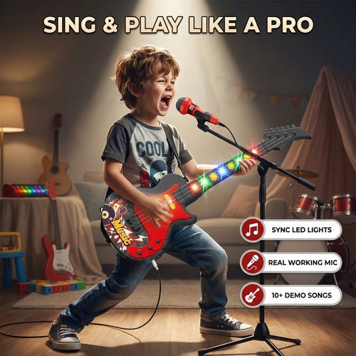 Kids Electric Guitar Toy with Microphone, Musical Instrument Toy with Light And Sound, Guitar for Toddlers 3-8, Birthday Gift for Boys Girls