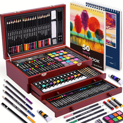 175-Piece Deluxe Art Set in Wooden Case – Drawing Pads Crayons Acrylic Paints Colored Pencils Complete Professional Art Kit Gift for Kids Teens Adults Birthday Christmas
