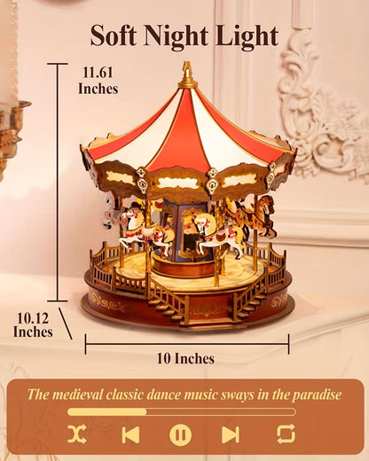 Rolife Carousel Music Box Kit – DIY 3D Wooden Puzzle Architectural Craft Model, Spinning Carousel with Music, Hobby Home Decor, Valentine's Day Birthday Christmas Anniversary Gift for Adults Teens