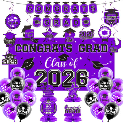 Graduation Decorations Class Of 2026, Golden Themed Graduation Decorations Set, Class Of 2026 Backdrop Banner, Graduation Hanging Swirl, Balloons And Honeycomb Supplies For Graduation Party