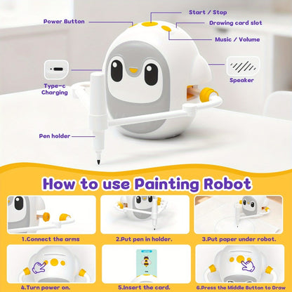 Drawing Robot for Kids with 200 Learning Cards & 12 Color Pens | Interactive Educational Toy, Tablet-Free Drawing Game, Step-by-Step Lessons, Suitable for Boys & Girls Ages 3+, ABS Material, USB Charging