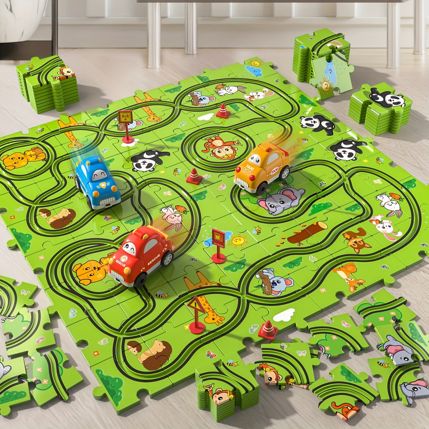 39pcs/ 56pcs/ 73pcs Jigsaw Puzzle Race Track Car Set Toys, Puzzle Tracks Car Toys Gifts for Boys Kids