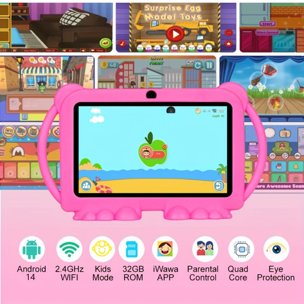 ATMPC, Local Warehouse, 7-Inch Android 14 Kids Handheld Tablet, 4GB RAM + 32GB ROM, Eye Protection IPS Screen, with Parental Controls, Learning Tablet, Wi-Fi, Large Screen Learning Entertainment Tablet, Parental Control, Pre-installed Apps