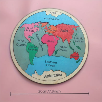 7.8 X7.8 In/20X20Cm Wooden Seven Continents Color Puzzle, Geography Children's Puzzle Learning Geometric Toy Gift, Educational Gift