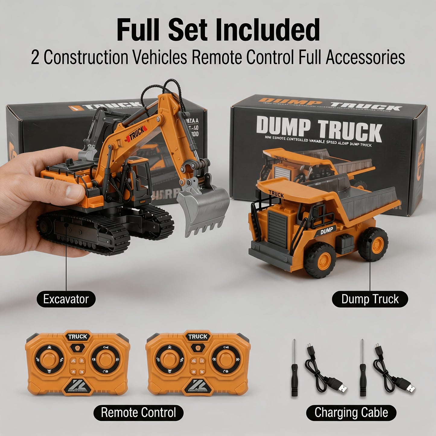 Remote Control Construction Vehicle Set 2/3/4pcs – 2.4G 11-Channel RC Excavator Dump Truck Bulldozer Alloy & Plastic Engineering Toy Car Kit for Kids Boys, Great Birthday Gift