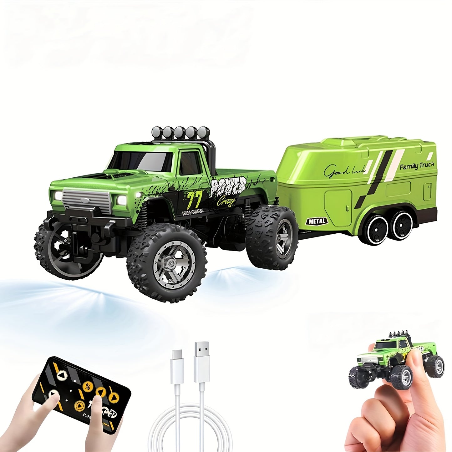 Mini RC Truck Toy, 2.4GHz Off-Road Alloy Truck, 1:64 Scale Mini RC Truck (with Trailer, Body Lights & Headlights), Crawler Toy, Adjustable Speed/Steering, Collectible Truck Model, Perfect Holiday Gift